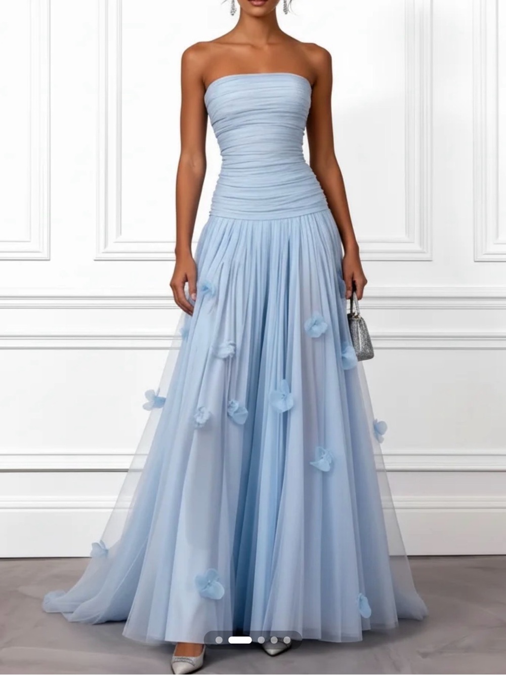Strapless Pale Blue Tulle Evening Gown